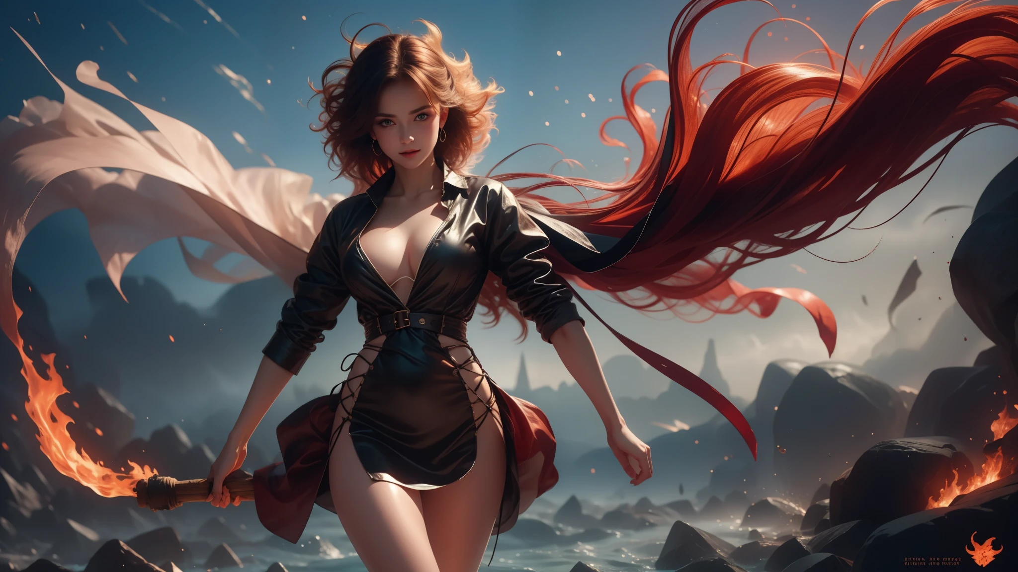beautiful digital artwork, fantasy gorgeous lighting, gorgeous digital art, stunning digital illustrations, digital fantasy art, 3D rendering character art 8K, high resolution, detailed digital art, (photorealistic stick:1.5), ethereal fantasy, 1 girl, beautiful smile, cowboy shot, Balanced figure with a length of 7 heads, perfect growth, beautiful curves, Bewitching、sexy、Eros、curly long hair、red, Woman with shining light, pretty face, detailed face, perfect beautiful proportions, Big breasts that are about to burst, thin waist, Belly button pussy, big ass, Swollen butt, Gaps between the legs, sexy thighs, long legs, (Under the translucent sexy dress she is naked: 1.2), naked、Floating in space there, She spreads her arms and takes a deep breath, She is a goddess 、dynamic pose、(Terrible wind: 1.8), (messy hair and clothes: 1.8), Her skin is exposed, She is sexy., The background is space, in the darkness, many stars, background blur, front light: 1.2, face light: 1.2,The background is the ocean、Blur the background、shallow depth of field、far and near method、nude.