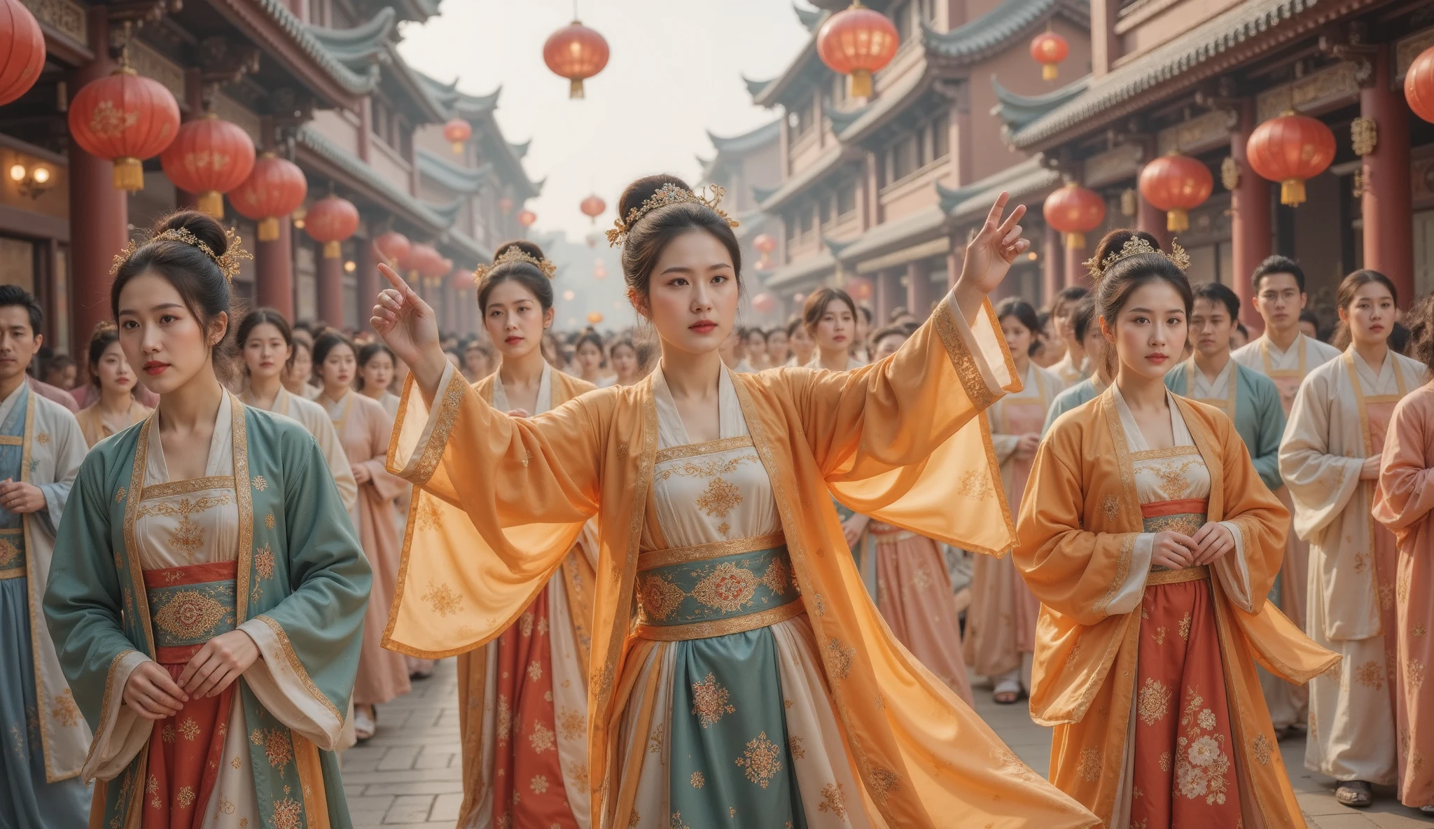 Tang Dynasty,Girl wearing Hanfu,spring,The people in Chang'an City greeted ,Girls are in a group of men, women, the elderly and children, full of joy but I cried like a child,But there were tears in the corners of my eyes 。