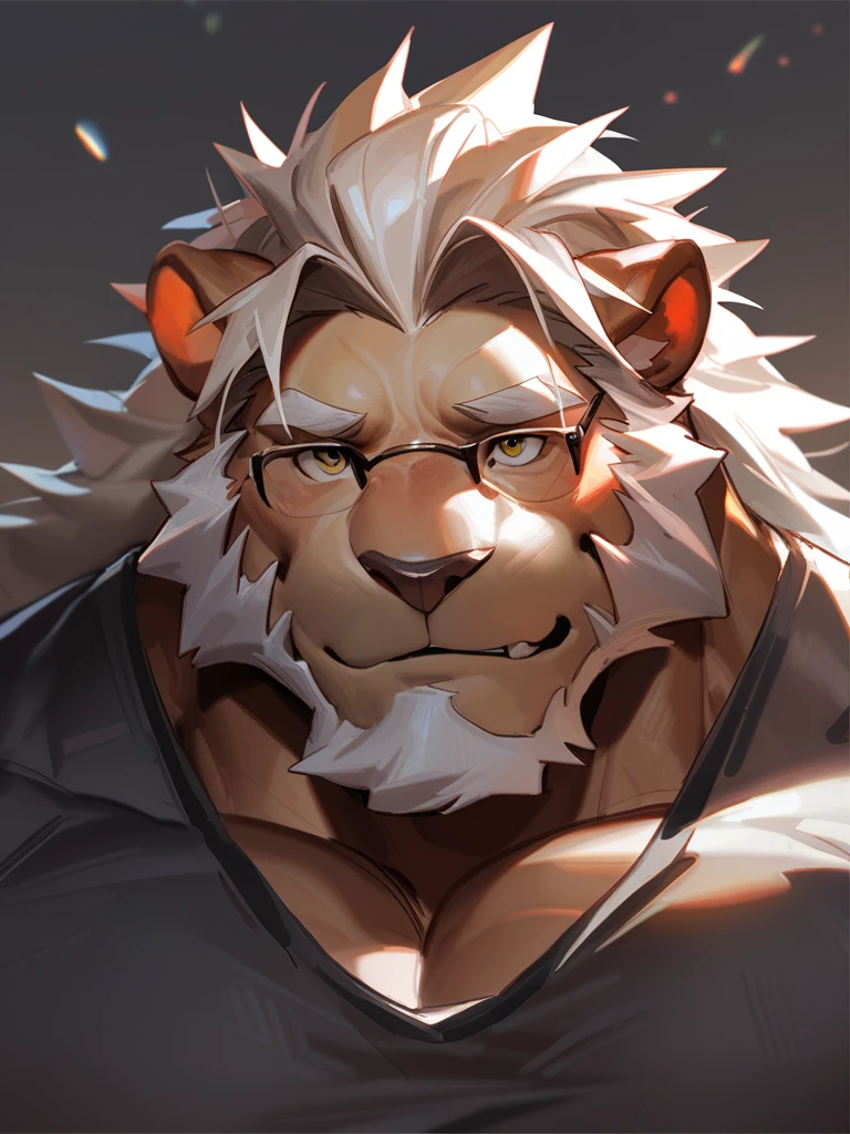 by chunie by catsudon by retros, male,ridiculuous,((mature,mature male)),((Bearded,mustache)), felid, solo, ((Lion,tail)),(white hair), facial hair, facing viewer, ((Highly detailed face)), (((Grandpa Figure))), ((smilling)), red and orange abstract background, ((black shirt)),((short pants)), smile, ((((wise)))),((DILF)),
