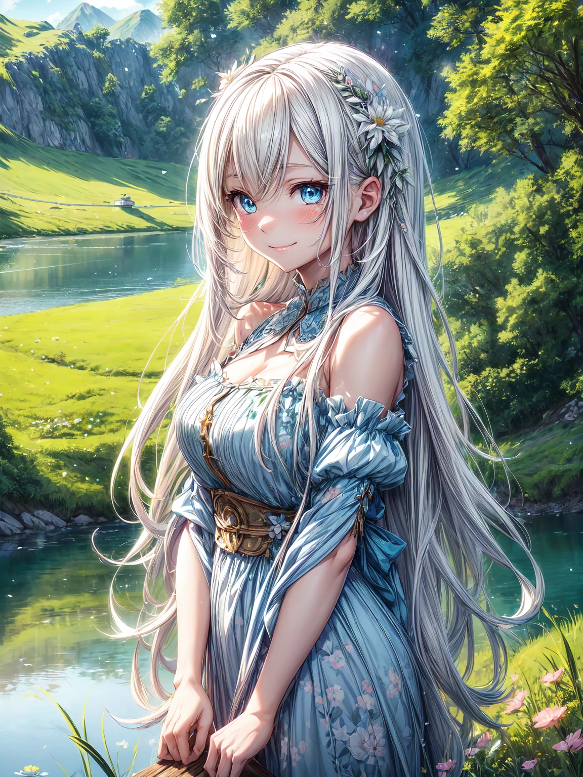 Create a high-quality, cinematic image of a woman with long silver hair styled in a loose wave (sauvage) pattern. She has light blue eyes and is wearing an off-shoulder white long dress with a subtle necklace. The background is an enchanting forest with sparse sunlight filtering through the trees. The scene includes squirrels, rabbits, and fairies flying around. Use a dreamy filter effect to enhance the mystical atmosphere.High resolution, masterpiece, Textured skin, One girl, chest, smile, blue eyes, Hair blowing in the wind, Multiview, Cinematic light effects, 3D Rendering, 