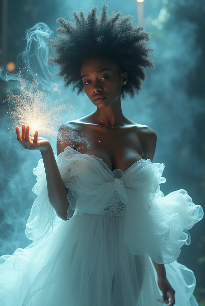 Create a surreal image of light emitting from a full body shot of a black melanin woman dressed in dreamy silk magenta dress and robe, she's floating around visible sound waves, a beautiful imagery that feels like her soul is transcending into the astral world, fantasy art, sci-fi art, surrealism art, 32k, ultra HD, unreal engine rendered, photorealistic image, cinematic lighting, beautiful and ethereal visuals.