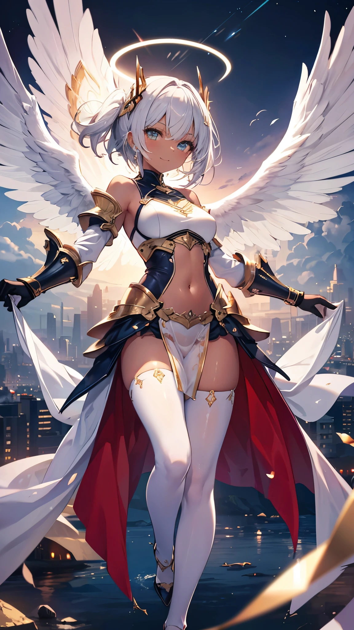 fantasy, 1angel_girl, teen, brown_ponytail_hair, (dark_skin:1.1), bare_shoulder, navel, thigh,silver_shiny_armor, white_clothes,waist_armor, glebe, hold_swords, big_tits, angry, dynamic_fighting_pose, floating, (1pair_white_wings:1.2), sunrise_city_background,(pelvic_curtain:1.3), headgear, large_ass,apart_legs,solo,nsfw