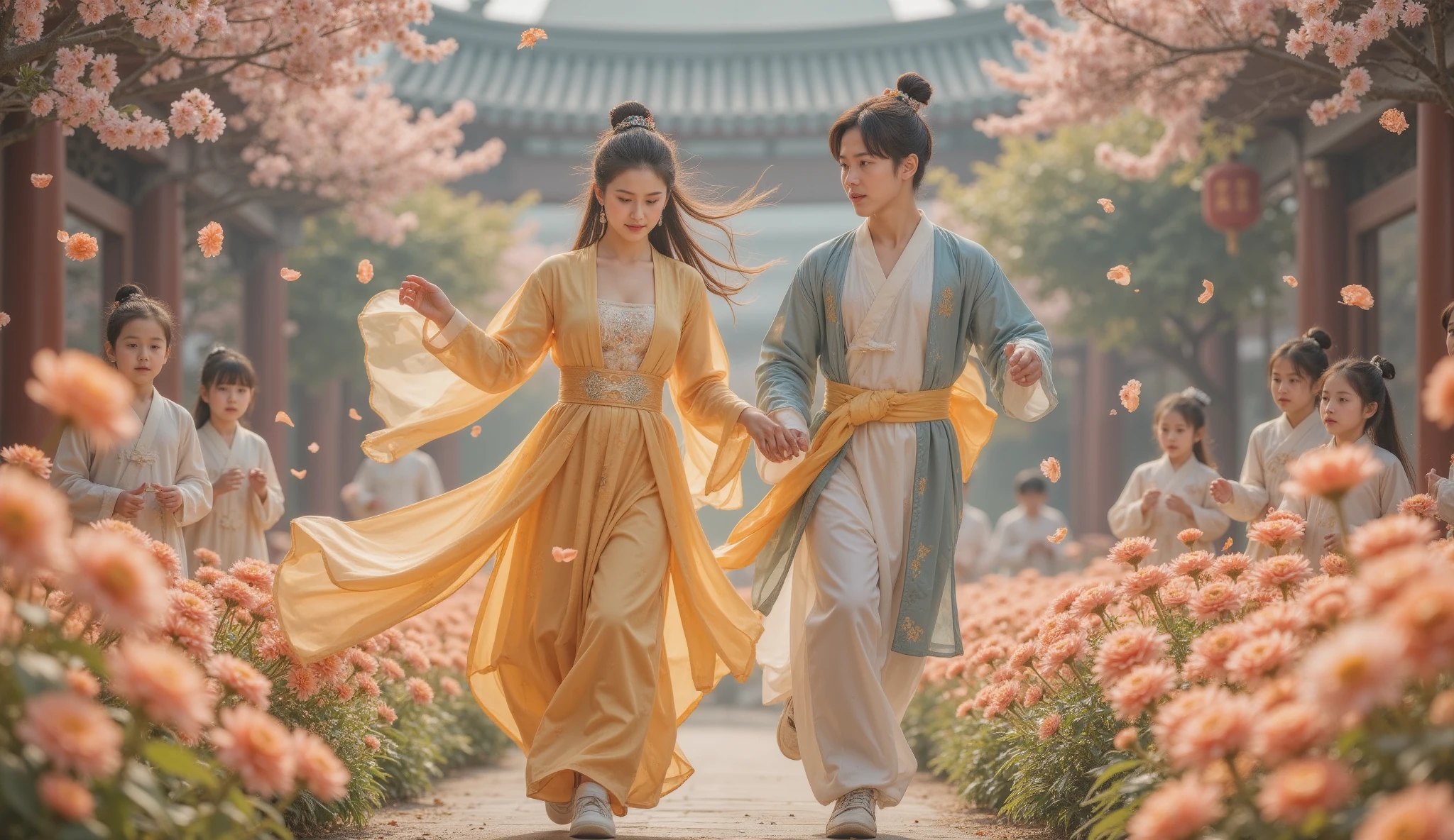 Tang Dynasty,Two people,Girl wearing Hanfu,Boy chasing girl ,Two people在花丛中欢笑。Children can be shown chasing and laughing through quick clips,Increase the dynamics of the picture。