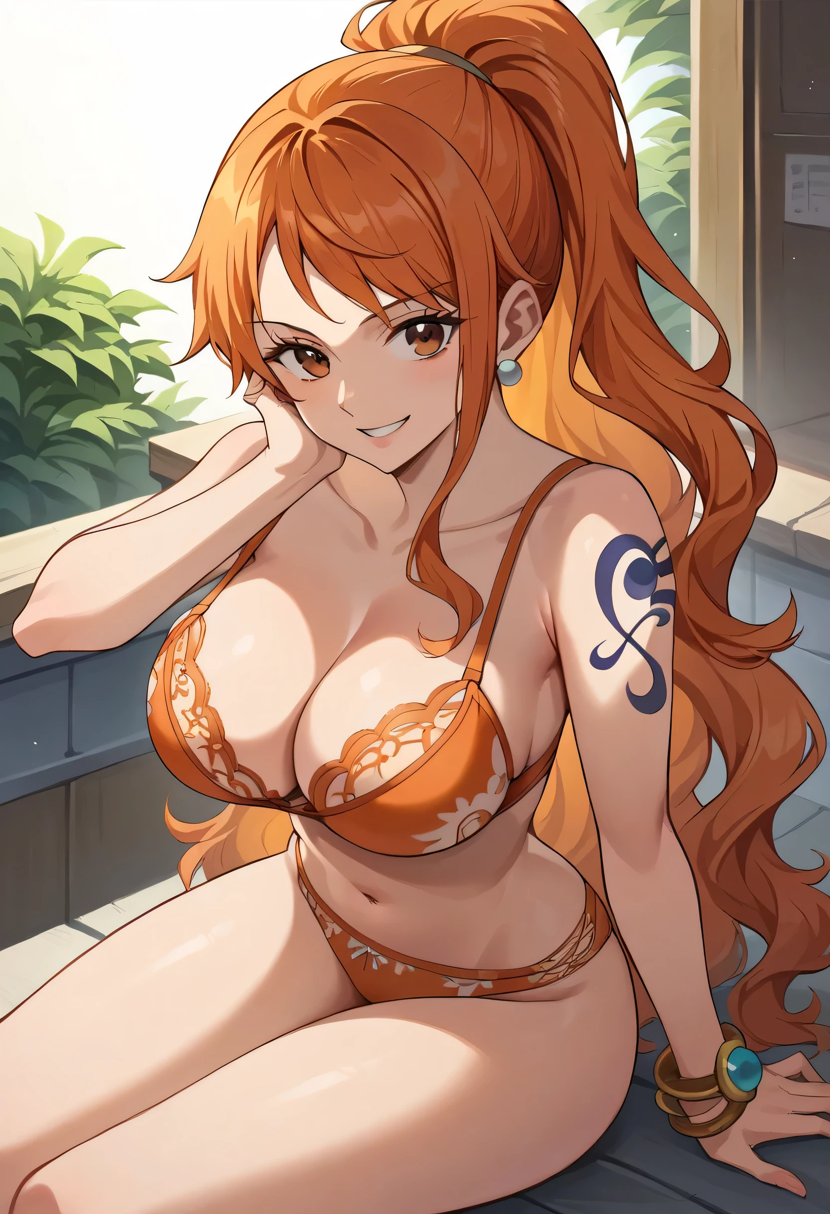 1girl, solo, long hair, smile, jewelry, orange hair, earrings, looking at viewer, bracelet, breasts, ponytail, brown eyes, orange eyes, left shoulder tattoo, bare shoulders, very long hair, sidelocks, bangs, collarbone, left arm tattoo, bare arms, shiny hair, bangle, large breasts, wavy hair, ,nami_\(one_piece\), orange lace bra, orange lace panties, sitting