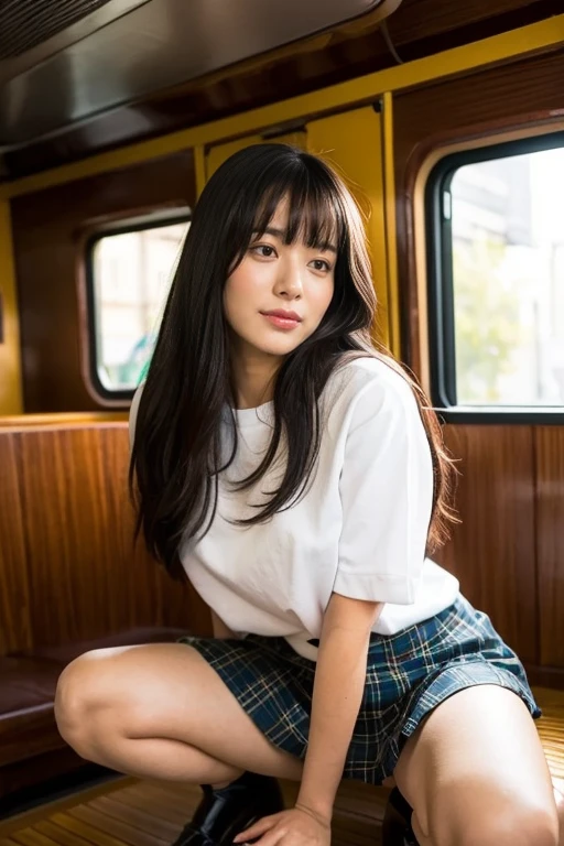 1 female, Thighs, Sitting on a train, , Realistic, RAW Photos, White shirt, Pleated skirt, Black short socks, loafers, Beautiful legs, Medium Hair, bangs, View your viewers, Highest quality, chest, Open clothes,