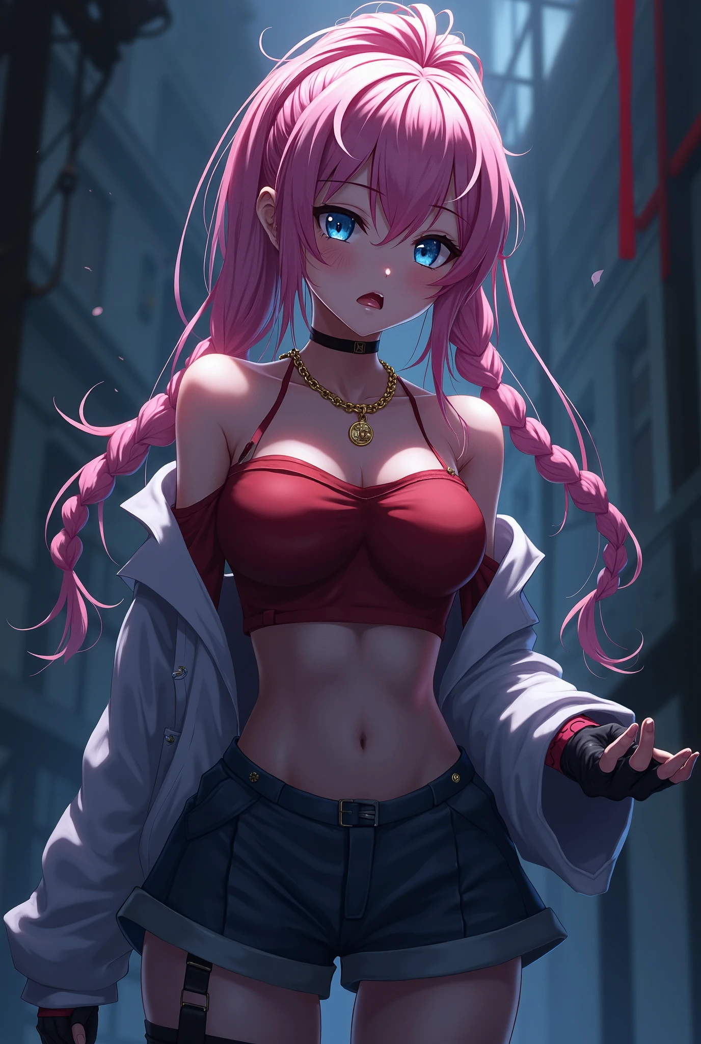 masterpiece, 1girl ((20year old, crop top exposes navel, tight blue jeans, sneakers, medium breasts, multicolor pink hair, twin ponytails, perfect model body)) ((green eyes)), ((flirting, happy, big smile, headphones, standing in a graveyard with scary haunted Victorian style mansion in the background at night, Moon Light scary, spooky atmosphere)) ((nighttime)) ((solo))