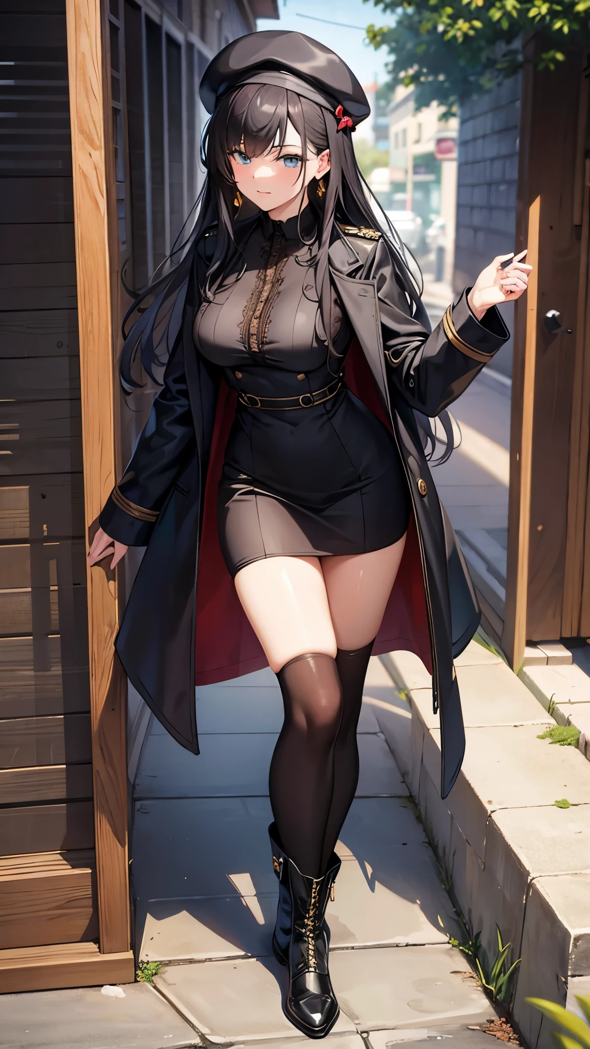 ( best quality)),( super A high resolution ),( ultra-detailed),(Detailed depiction),((Best Photos)),( Best Artwork ),Ultra-detailed art, the art of amazing depiction, ( 1 woman:1.3), trench coat :1.3,beret:1.3, lace up boots :1.4, Walking on a paved road,