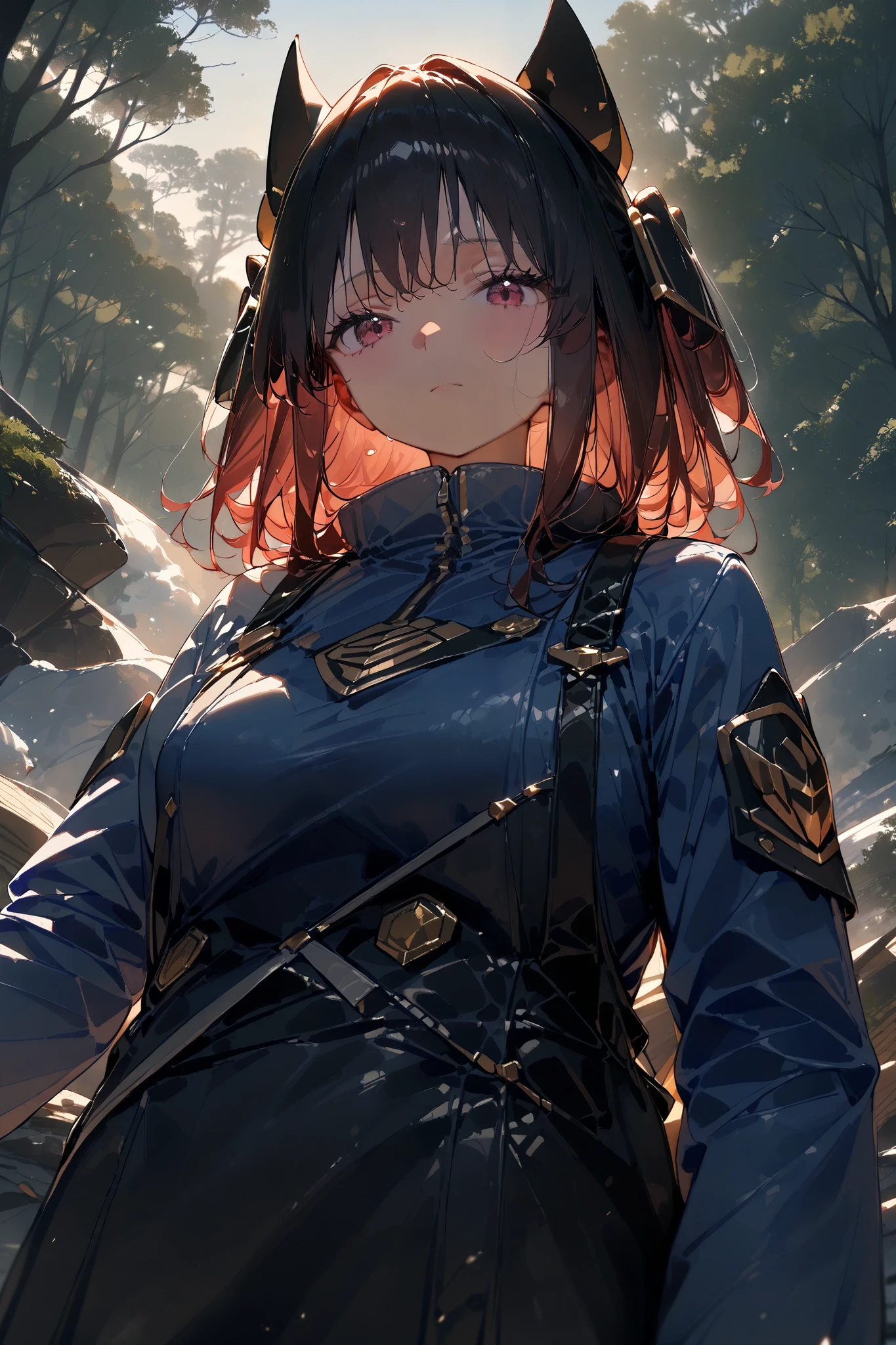  girl, zone, Mobile Armor, Kemomimi,  viewer, Outdoor,  cinematic angle, masterpiece,  best quality,  Very Aesthetic,  ultra high resolution with forest background,  overalls, engineer