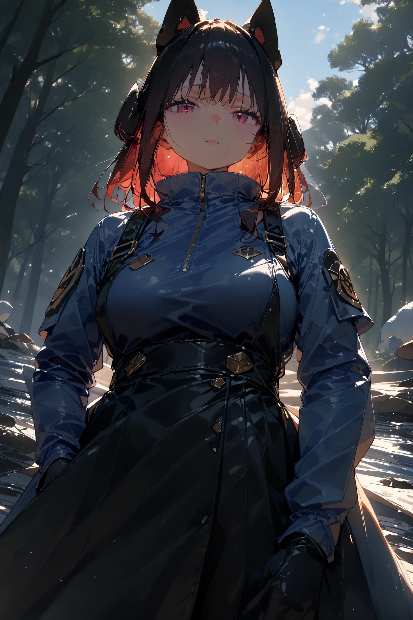 girl, zone, Mobile Armor, Kemomimi, viewer, Outdoor, cinematic angle, masterpiece, best quality, Very Aesthetic, ultra high resolution with forest background, overalls, engineer