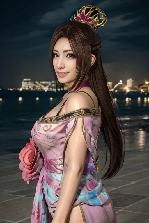 Diao Chan from Dynasty Warriors 8,  Masterpiece 、 1 Kawaii Girl  、17-year-old high school student、smile, beautiful eyes、Swollen eyes、Bright outdoors, bright downtown looking straight ahead、  best quality , 超 high definition , (reality: 1.4),  movie lights、Japanese、Asian Beauty、Korean、Super beautiful、 beautiful skin 、body facing forward、whole body, upper body、( super realistic )、( high definition )、(8k)、( very detailed)、(美しく beautiful eyes)、( super detailed)、 (wall-)、 detailed face 、 bright lights on the Ped、 Professional Lighting、 in、  small details 、Diagonal bangs、 brown hair、Nogizaka idol、