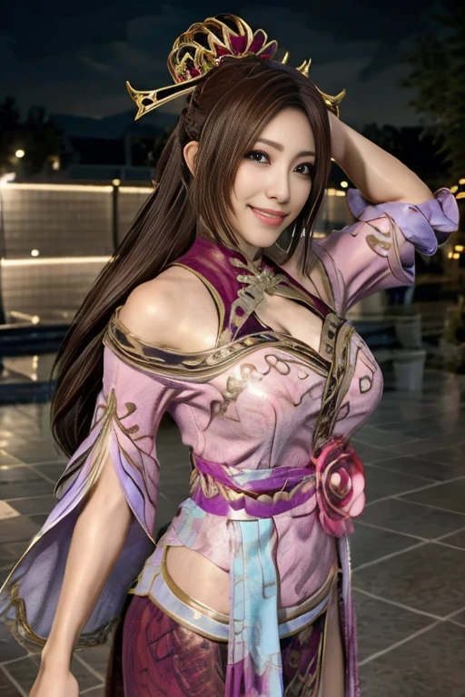 Diao Chan from Dynasty Warriors 8,  Masterpiece 、 1 Kawaii Girl  、17-year-old high school student、smile, beautiful eyes、Swollen eyes、Bright outdoors, bright downtown looking straight ahead、  best quality , 超 high definition , (reality: 1.4),  movie lights、Japanese、Asian Beauty、Korean、Super beautiful、 beautiful skin 、body facing forward、whole body, upper body、( super realistic )、( high definition )、(8k)、( very detailed)、(美しく beautiful eyes)、( super detailed)、 (wall-)、 detailed face 、 bright lights on the Ped、 Professional Lighting、 in、  small details 、Diagonal bangs、 brown hair、Nogizaka idol、