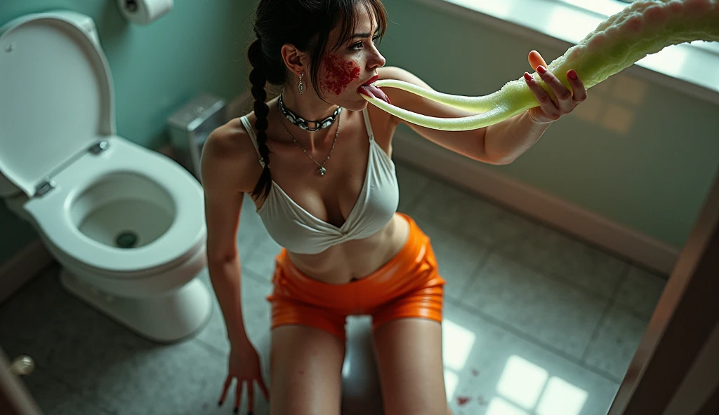 A naked 48-year-old Japanese woman squatting over a toilet with her legs spread。Black eye mask。Holding a cucumber in his mouth。Her body is tied up with red rope。Wet vagina。Thick pubic hair。to tail。BDSM。Danmei