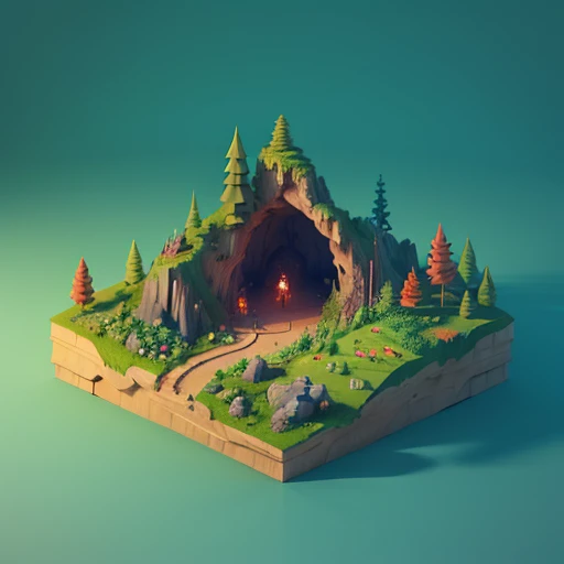 Forest scene with an ancient cave, magical forest, magical vegetation, fantasy, Isometric scene