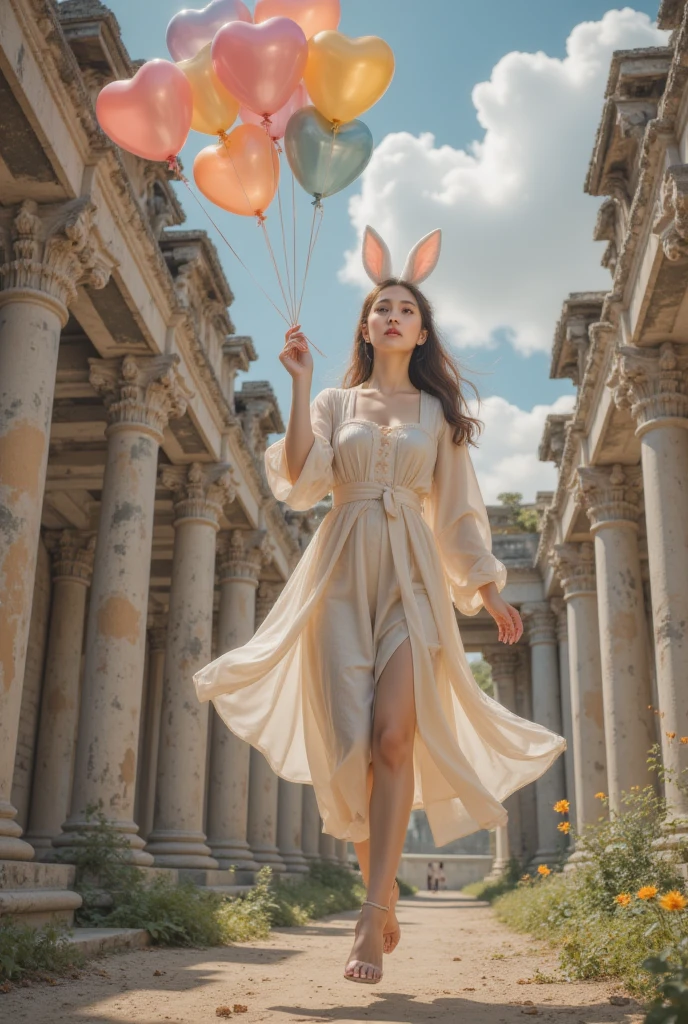 Ancient City Ruins/remnant of an ancient city/ Ancient City Ruins ，A cute woman with rabbit ears, Holding colorful heart-shaped balloons, floating, Vector Art,  bright color ,  is the best quality, 4K, 8K,  high resolution, masterpiece, Super Fine,  actual , photo actual , HDR,  Ultra HD,  Studio Lights , Ultra-delicate painting,  clearly focuses ,  physically-based rendering ,  extremely detailed description , major,  Vivid colors , Bokeh