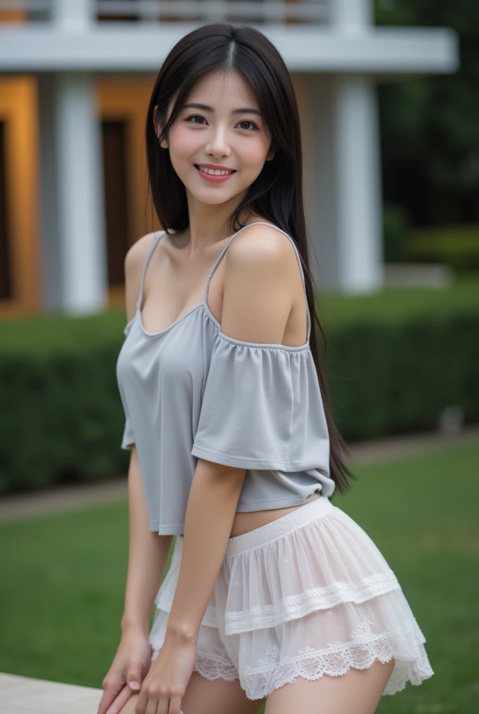 The girl has high skin, slender figure, white transparent shirt can vaguely see the white bra inside, slender legs, the background is a park with good sunshine, short sleeves, short skirt, 20-year-old girl, very well developed, normal size breast, sweet smile, black hair, yellow skin, round face, cute --auto --s2