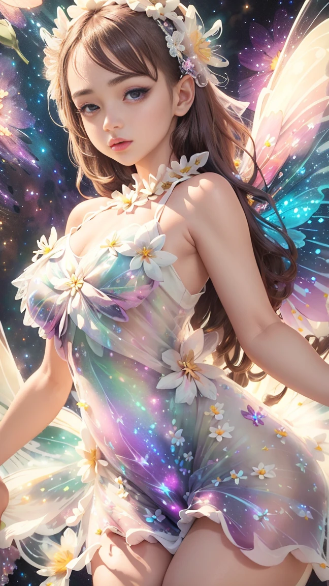 an artwork where the pretty girl's angel wings are composed of delicate blossoms and petals. She stands in a sun-dappled forest surrounded by flowers, with her hair cascading gracefully. The atmosphere is one of natural beauty and grace.幼い女の子