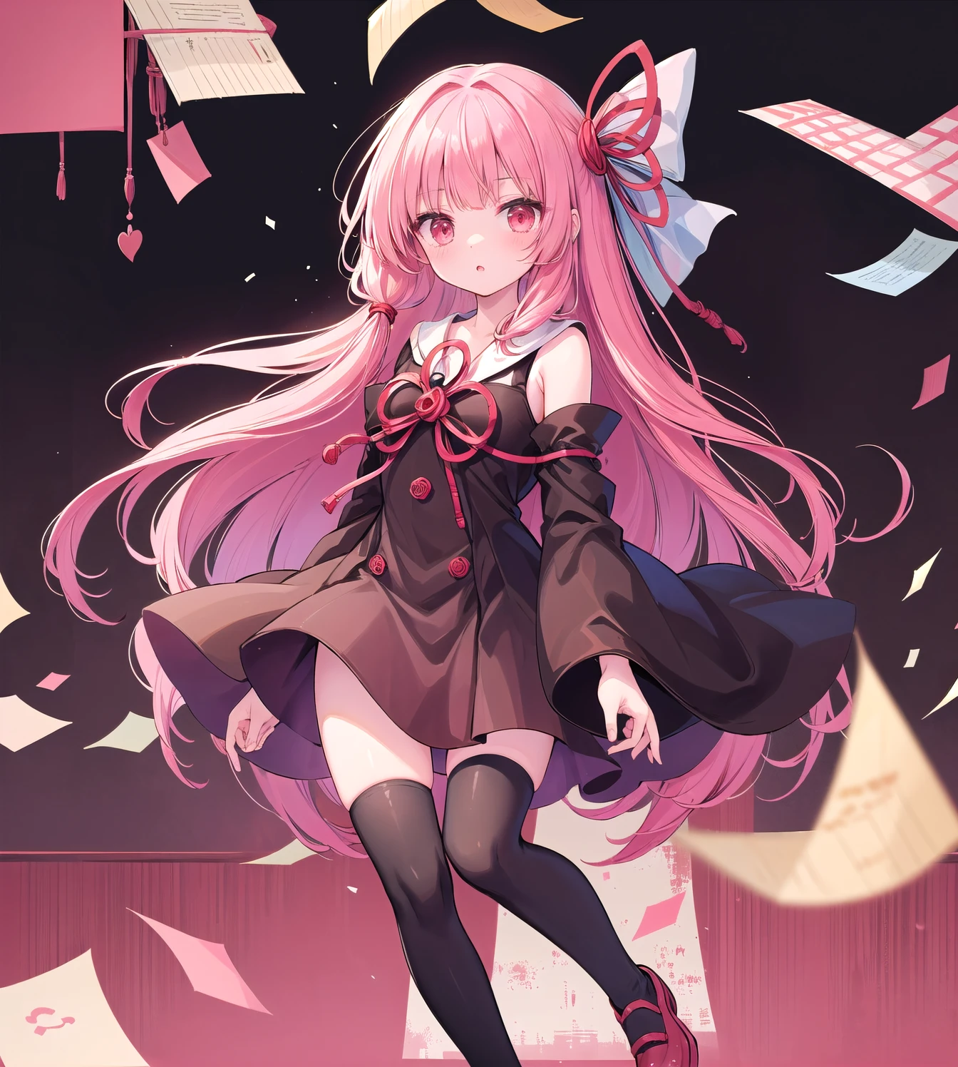 (masterpiece, Highest quality:1.2),one person, Kotonoha Akane,((hair ribbon:1.2)),black over-the-knee socks:1.2, Knee-length Socks ,Hair ribbon paper,Black Dress,Wide sleeves,Exposing shoulders,Pink Hair