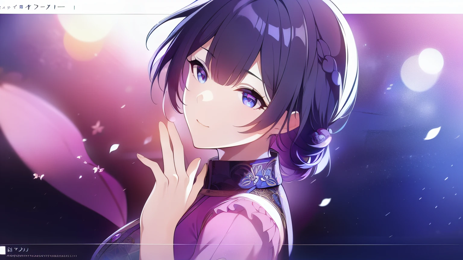 morino_kotomi, solo, black blue hair, short to medium hair, pink jacket, cerulean blue eyes, visual novel cg style, flat smiling, BREAK looking at viewer, BREAK (masterpiece:1.2), best quality, high resolution, unity' 8k wallpaper, (illustration:0.8), (beautiful detailed eyes:1.6), extremely detailed face, perfect lighting, extremely detailed CG, (perfect hands, perfect anatomy)