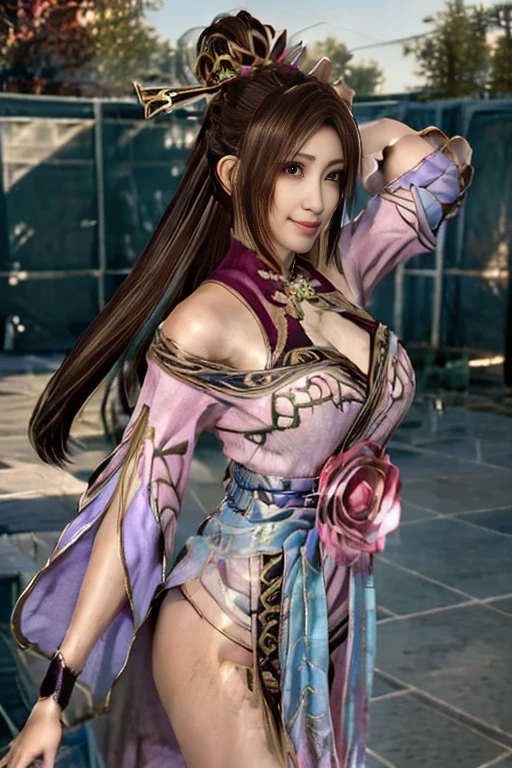 Diao Chan from Dynasty Warriors 8,  Masterpiece 、 1 Kawaii Girl  、17-year-old high school student、smile, beautiful eyes、Swollen eyes、Bright outdoors, bright downtown looking straight ahead、  best quality , 超 high definition , (reality: 1.4),  movie lights、Japanese、Asian Beauty、Korean、Super beautiful、 beautiful skin 、body facing forward、whole body, upper body、( super realistic )、( high definition )、(8k)、( very detailed)、(美しく beautiful eyes)、( super detailed)、 (wall-)、 detailed face 、 bright lights on the Ped、 Professional Lighting、 in、  small details 、Diagonal bangs、 brown hair、Nogizaka idol、