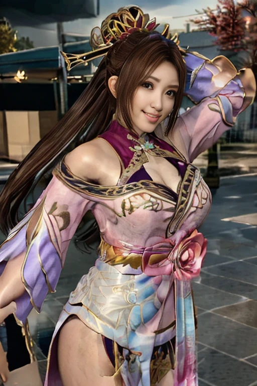 Diao Chan from Dynasty Warriors 8,  Masterpiece 、 1 Kawaii Girl  、-yeld hischool steautiful eyes、Swollen eyes、Bright outdoors, bright downtown looking straight ahead、  best quality , 超 high definition , (reality: 1.4),  movie lights、Japanese、Asian Beauty、Korean、Super beautiful、 beautiful skin 、body facing forward、whole body, upper body、( super realistic )、( high definition )、(8k)、( very detailed)、(美しく beautiful eyes)、( super detailed)、 (wall-)、 detailed face 、 bright lights on the Ped、 Professional Lighting、 in、  small details 、Diagonal bangs、 brown hair、Nogizaka idol、