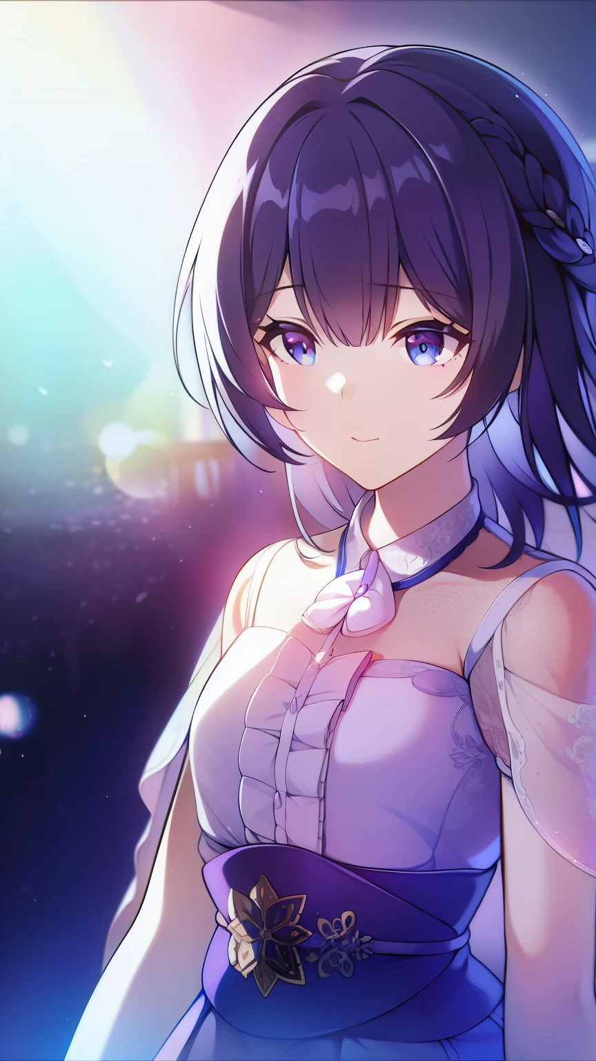 morino_kotomi, solo, black blue hair, short to medium hair, pink jacket, cerulean blue eyes, visual novel cg style, flat smile, BREAK looking at viewer, BREAK (masterpiece:1.2), best quality, high resolution, unity' 8k wallpaper, (illustration:0.8), (beautiful detailed eyes:1.6), extremely detailed face, perfect lighting, extremely detailed CG, (perfect hands, perfect anatomy)