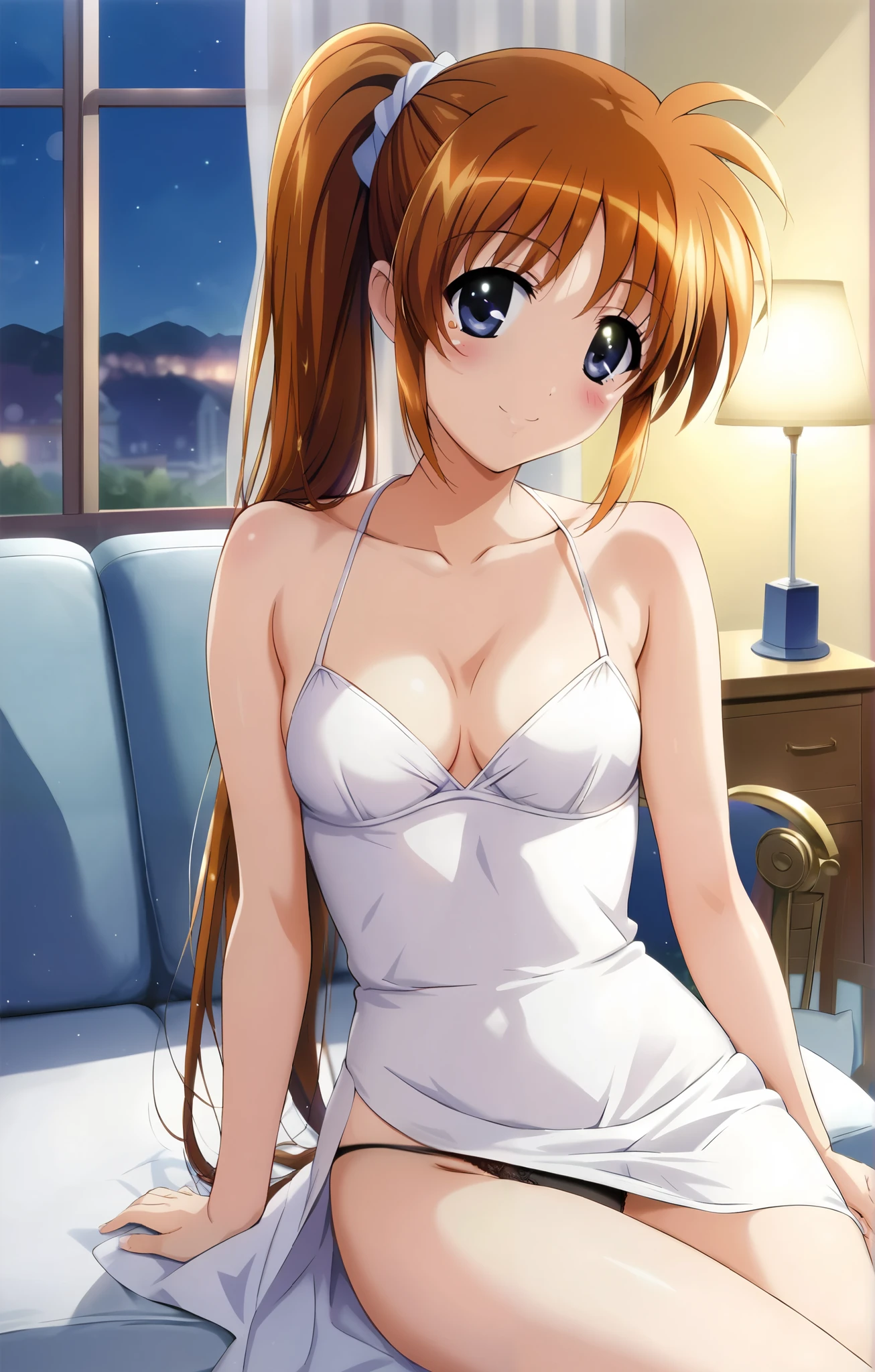 Nanoha, ((cowboy shot)), (white sexy dress:1.2), ( slender), ( I'm embarrassed :1.2), (Red cheeks:1.3), (Happy smile:1.3), ( cleavage), ( small breasts), (I'm seducing you by showing me my underwear:1.2), (sitting on the sofa), ( Sexy Poses :1.3), (sexy adult black panties:1.2), (Night Lounge:1.2), (night:1.3),  score_9,  score_8_superior,  score_7_superior,  source_anime, (best quality:1.2), 細部までこだわったanime, masterpiece,  high quality, full color, 8k,  high definition , In detail,  fine texture,  High Contrast,  natural makeup, Front light, nsfw