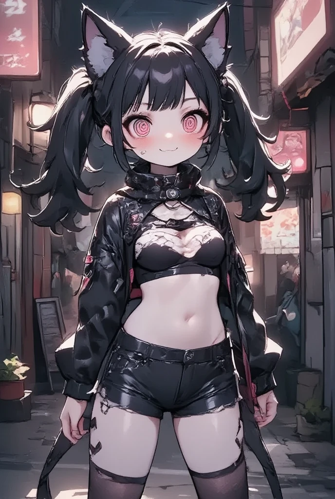 1girl\(cute, kawaii,evil smile,smirk,black hair,long hair,twin tails hair,pale skin, white skin, red eyes, eyes shining,big eyes,breast,perky breast, punk fashion, ripped clothes, tight tube top, tight hot pants, stomach shown, ripped black short jacket, fluffy black cat-ear, dynamic pose, spiral eyes, bang\),background\(outside, noisy city, backstreet, narrow street, neon lights, at night\),beautiful portrait,close up girl,cute pose,niji style