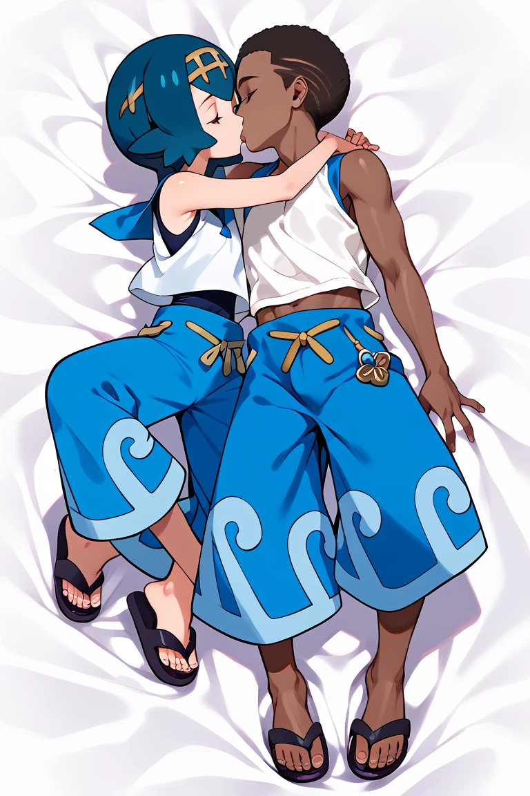 1girl, lana \(pokemon\),  2default2, yellow hairband, swimsuit under clothes, blue swimsuit, white shirt, sleeveless shirt, baggy pants, blue pants, blue sailor collar, sandals, wave pattern pants, sex, missionary, 1boy, 1girl, kiss, couple, hetero male,  interracial, very dark skin, african male, dark skinnend male, male with afro, blaick haired male,
, dynamic angle, 