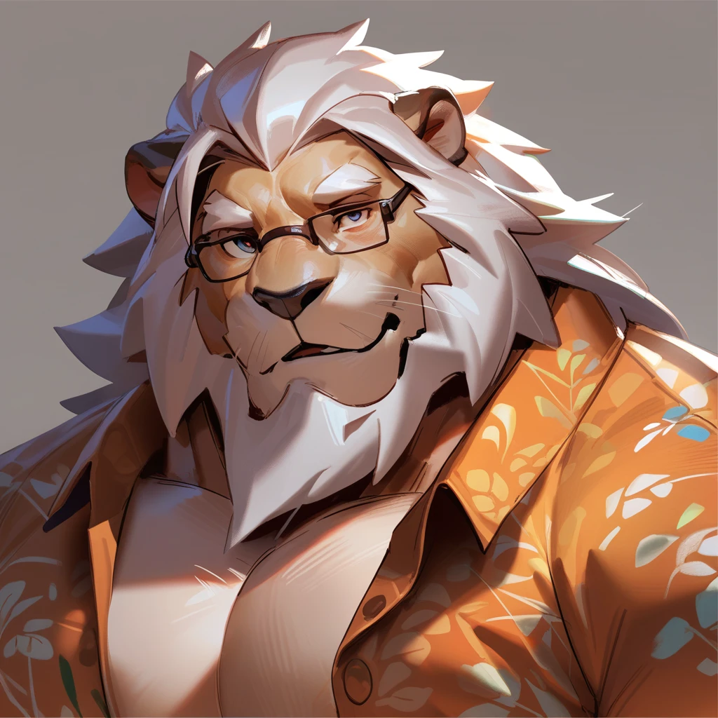 lindong, digital art, masterpiece, solo, 1boy, 1man, portrait, face shoot, Huge muscular, furry white lion, old, bearded, glasses, face, hawaiian shirt, head shot, detailed ,detailed muscle, background