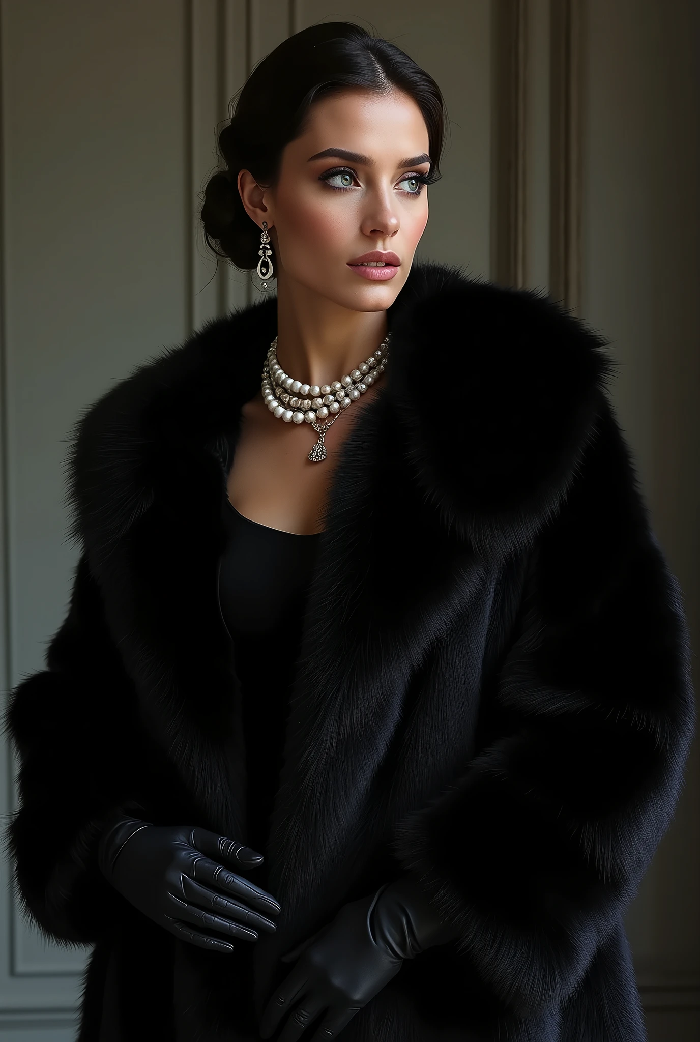 Hyperrealistic portrait of young sexy and elegant femme fatale woman with black glittery cascade hair, 45 ans, dressed in a very voluminous ivory coat with thick fur stole around bare shoulders and crystalline black evening formal dress underneath of it and wearing a long black elbow gloves, Realistic photo, dynamic lighting, affiche, volumetric lighting, highly detailed faces, 4k, prime,, 1fille, , discret,Tir de cow-boy ,cheveux longs,Cheveux noirs, very big breasts, festival de Cannes,