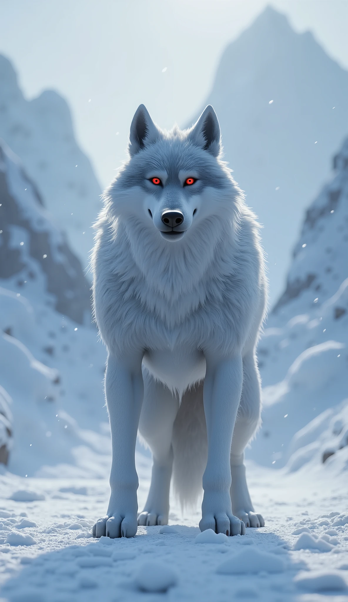 An adult, extremely muscular, anthropomorphic male white wolf stands alone in the middle of a desolate snowy landscape. He stands alone, with glowing red eyes that contrast with the cold surroundings. His expression is serious and intense, highlighting his powerful presence. The scene is a 3D render in CyberRealistic style, photorealistic and hyper-realistic, capturing details such as the texture of the fur, the softly falling snow and the icy glow around him. The background features snow-capped mountains and an eerie atmosphere, with a light fog covering the horizon.