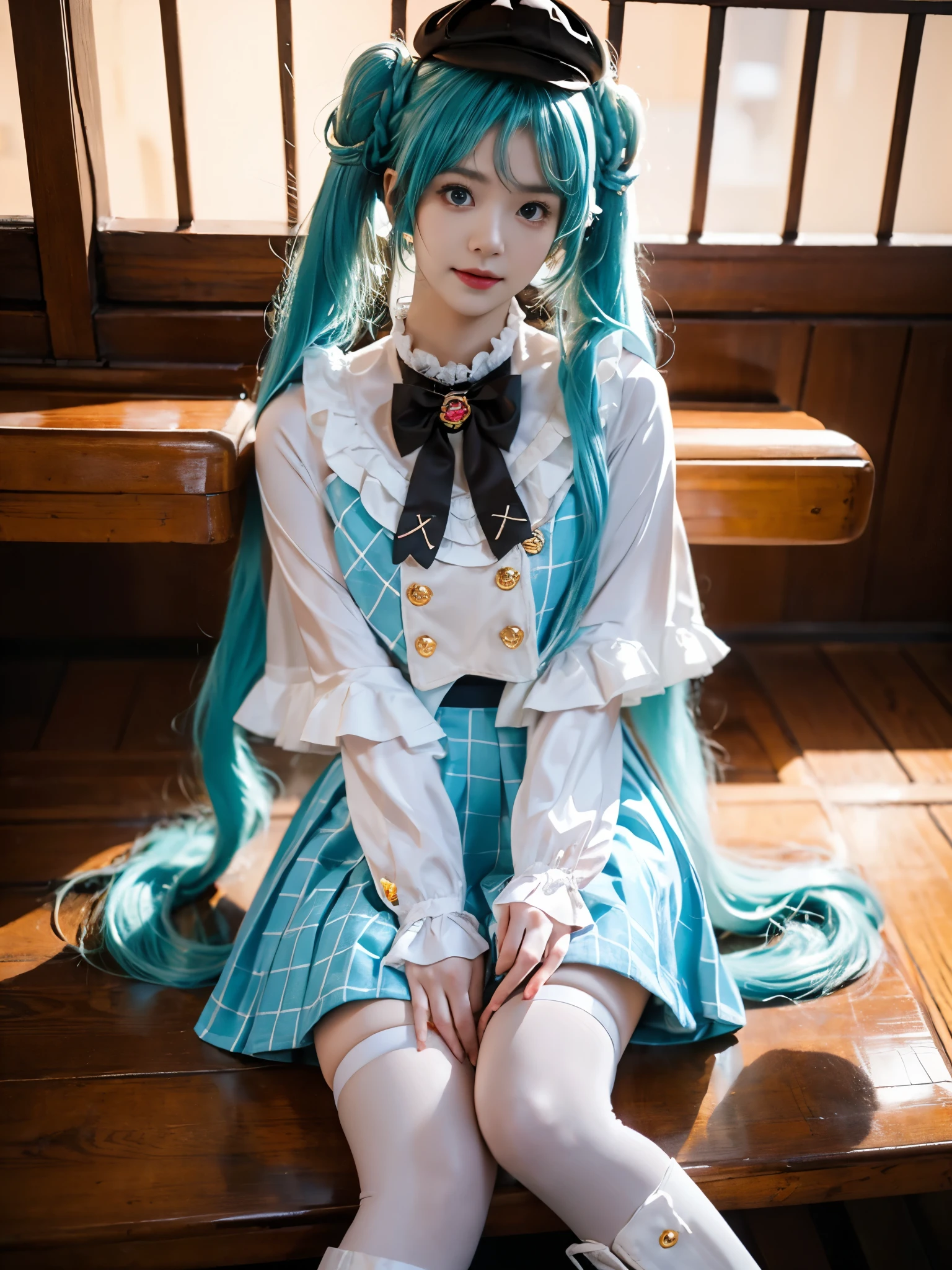 hatsune miku cosplay costume, hatsune miku, cosplay, aqua hair, twintails, very long hair, braid, capelet, long sleeves, skirt, pleated skirt, plaid, frills, bowtie, bow, hat, jewelry, brooch, thigh strap, pantyhose, white pantyhose, white boots ,(realistic:1.2), beautiful young woman sitting elegantly, (Full breasts, visible cleavage), (anatomically perfect legs:1.4), (proper leg anatomy:1.3), (perfectly shaped thighs:1.2), (well-defined knees:1.2), (slim ankles:1.2), (correct leg proportions:1.3), (symmetrical legs:1.2), graceful seated pose, legs naturally crossed at ankles, one hand behind head, other hand gently lifting dress hem, (perfect body proportions:1.2), falling rose petals, swirling petals in the air, soft natural lighting, professional photography, RAW photo, photorealistic details, 8k uhd, high quality, masterpiece