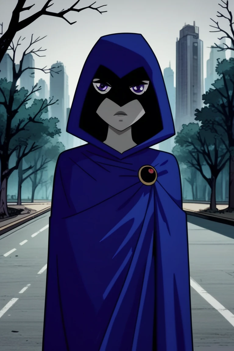 1girl, solo, raven (dc), purple eyes,  purple hair, grey skin, forehead jewel, blue cape covering whole body, long blue cape, wind, night, forest, city, hood covered head, Looking at viewer, High Resolution, Best Quality, Masterpiece, 