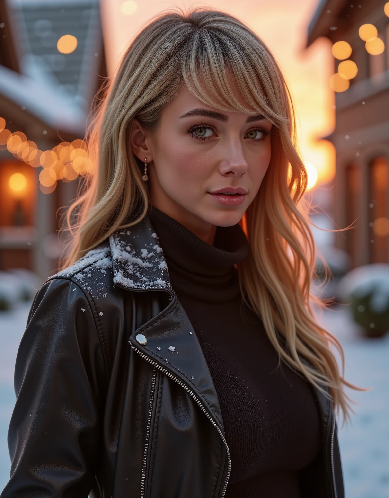 Sara Jean Underwood, gorgeous woman wearing a turtleneck sweater and a leather jacket, blonde hair, winter, whimsical, intricate brush strokes, beautiful lighting, intricate details, Unreal Engine, creative, expressive, detailed, colorful, digital art, unique, HW*, amber twinkle lights in background, sunset, snowing, side profile, seductive