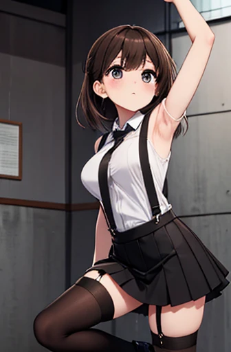  brown hair、 in　　 suspenders　　　  on big bulging breasts 　　 　 　　　　 Black Miniskirt　 garter belt　 knee-high socks　　　　　　sight　　　 small face 　bangs 　　　　　Beauty　　 raise your hands 　　 　sight 　 black boots 　Taunt　　Armpit sweat　1 person 　　Hands on your back　 cutter shirt　　 panchira 　silvered 