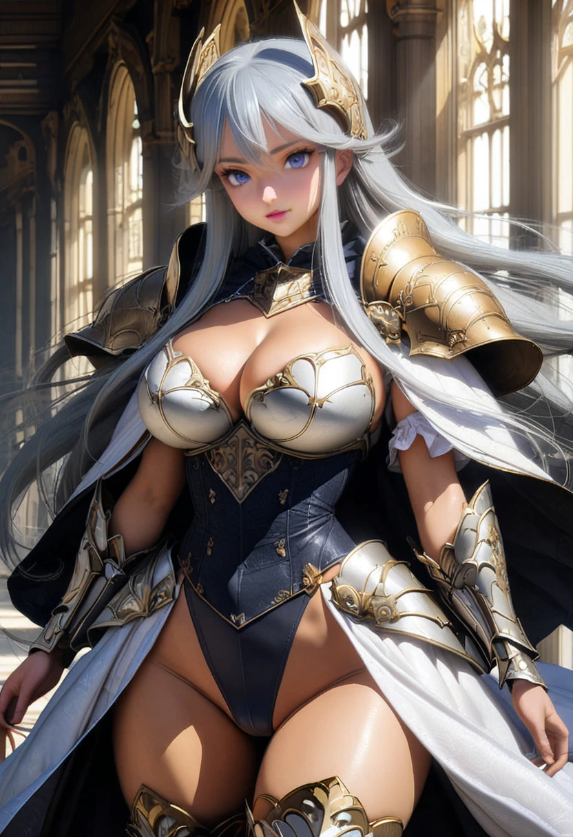 (solo),1lady,anime face,valkyrie,cowboy shot,A beautiful face with perfect makeup,Curvy body,(Vulgar:1.5),((luxurious and noble royal knight armor high leg Cut-out leotard)),((corset top layered ball gown dress)),((matte high leg body suit)),((large golden shoulder armor)),(breastplate:1.3),(zettai ryouiki thigh high boots),((pantyhose)),((gray hair long straight half twin tail hair:1.2)),(layered long cloak),(large breasts:1.3),breast bag,gauntlet,vambrace,black Investigator Bodystocking,fitted bodice,parted long bangs,white dress elbow gloves,cleavage,beautiful blue eyes,perfectly accurate hand,perfect fingers,long glove,greeting,The Royal Palace's Great Hall,beautiful lighting,masterpiece,highest quality,8k,Ultra-detailed anime style,(cameltoe:0.8),cleavage,azur lane