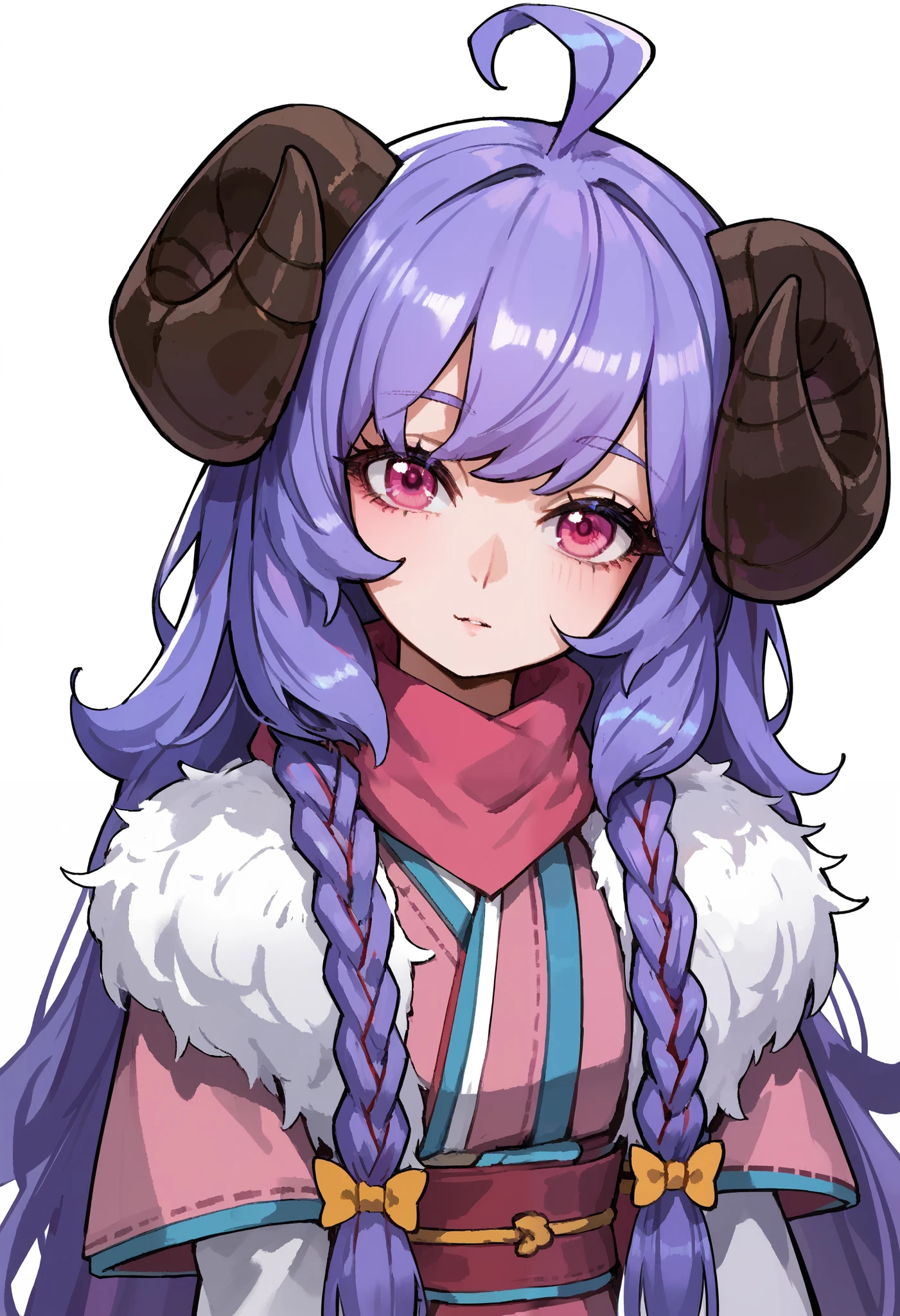 Masterpiece, anime, 1girl, Sbkin, sheep girl, long hair, purple hair, braids, curved horns, pink eyes, ahoge, japanese clothes, scarf, fur trim, upper body, leaning forward, neutral, serene, head tilt, white background, simple background, score_9, score_8_up, score_7_up, unaestheticXL_bp5