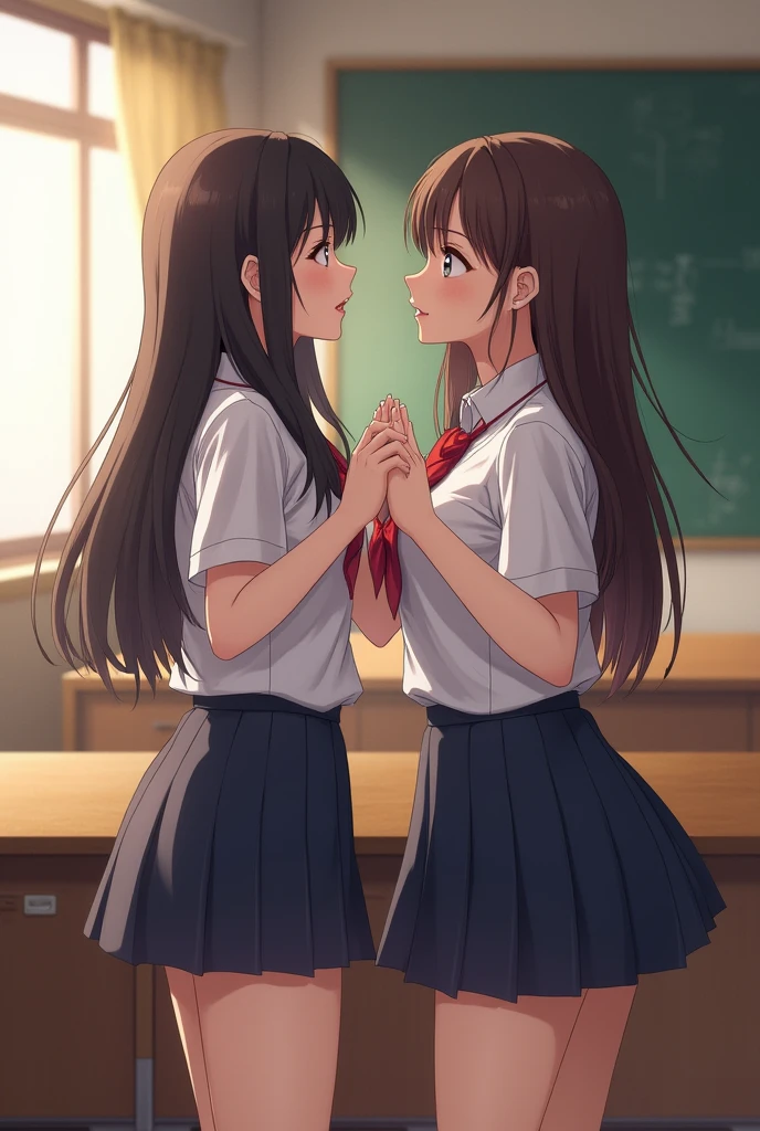 (photorealism:1.2), 2 girls fighting  in a class wearing school uniform , one is front bangs cut long hair & the other is no bangs & attitude, , soft lighting, students in background, window with sunlight, cozy classroom, clashing pose, realistic, intricate details, warm colors, by Greg Rutkowski, by Alphonse Mucha chinese student age 19