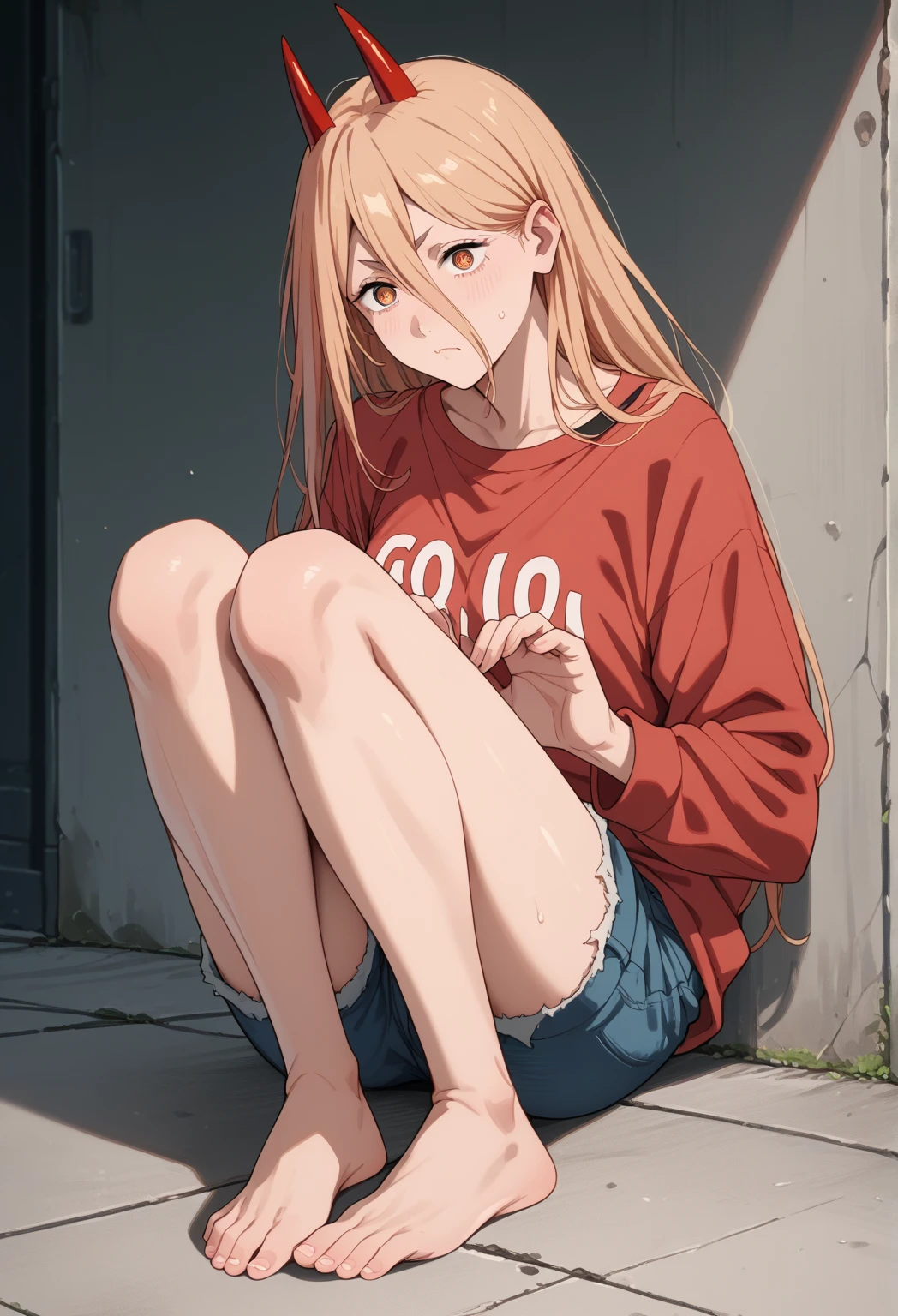 score_9, score_8_up, score_7_up, score_6_up, score_5_up, score_4_up,source_anime, full body, 1girl, p0w3r0x1, long hair, blonde hair, red horns, demon pupils, red sweatshirt,denim shorts, feet