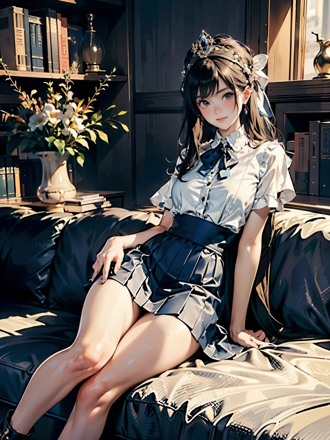 Top quality, 8K, masterpiece, straight-on, ((black couch surface)), academic library view in dark, wooden bookshelves, wearing dark-blue traditional pleated skirt)), elegant blouse with collar, faint-smile, European female knight metal plate armor, on elegant carpet, flat painting style, de-emphasized shading, (looking at viewer), one beautiful female knight, Art Nouveau-mood flower wallpaper, long legs, flushed, well-proportioned body shape , wearing white elegant blouse, metal plate leg guard, minimalism, medium body build, top quality,8k,masterpiece,ultra-detailed, looking at viewer, flushed, vivid colors, studio lighting, sharp focus, physically-based rendering, soft sunlit glow, portraits, subtle warm color palette, one beautiful sitting tall female knight, long legs bent, faint-smile, Italian princess things, remote old Roma city  twilight view from window in high floor audience room, on couch