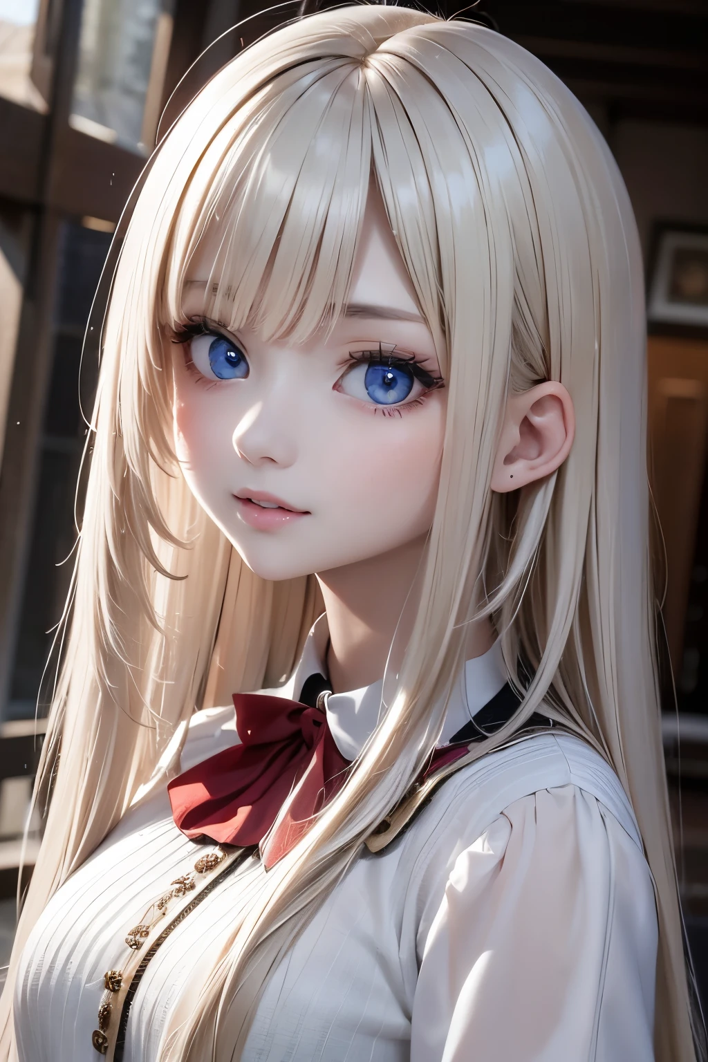 Platinum blonde hair is extra-long filamentous straight hair、porate、School uniforms、bright expression、poneyTail、young and shiny white shiny skin、Best Looks、Shiny light hair、Beautiful bangs that shine、Double eyelids、eyes liner、Big crystal clear blue eyes，Shining with a mesmerizing light、a small face、Very nice cute cute 18 year old Eastern European girl、Large bust