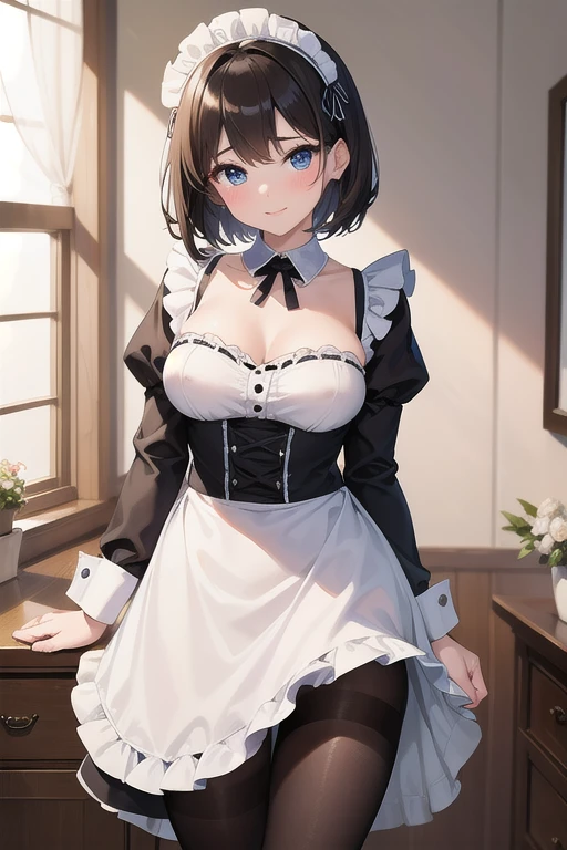 (8K、Top image quality、top-quality、masterpiece)、A detailed face、1 girl in、A dark-haired、bob cut、blunt bangs、(demonic horns)、black eyes、expression、Moderately breasts、cleavage、black maid、cross arms in front、(White apron)、shortsleeves、Black corset、cowboy shot、Luxurious mansion、Lounge background