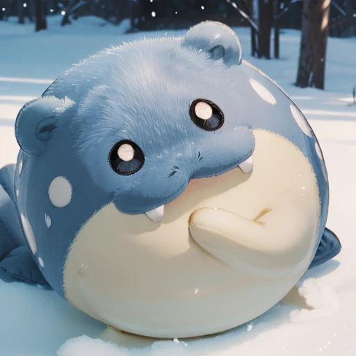 Snowfield、(((close up))) 、animal、ぬいぐるみ、Cute and fat、 futon、(((     chibi))),spheal_pk、Round Head、A slippery body、Short Hand、Round ears、 round eyes、Smiling face、 illustration , no nose、ステータス表, 