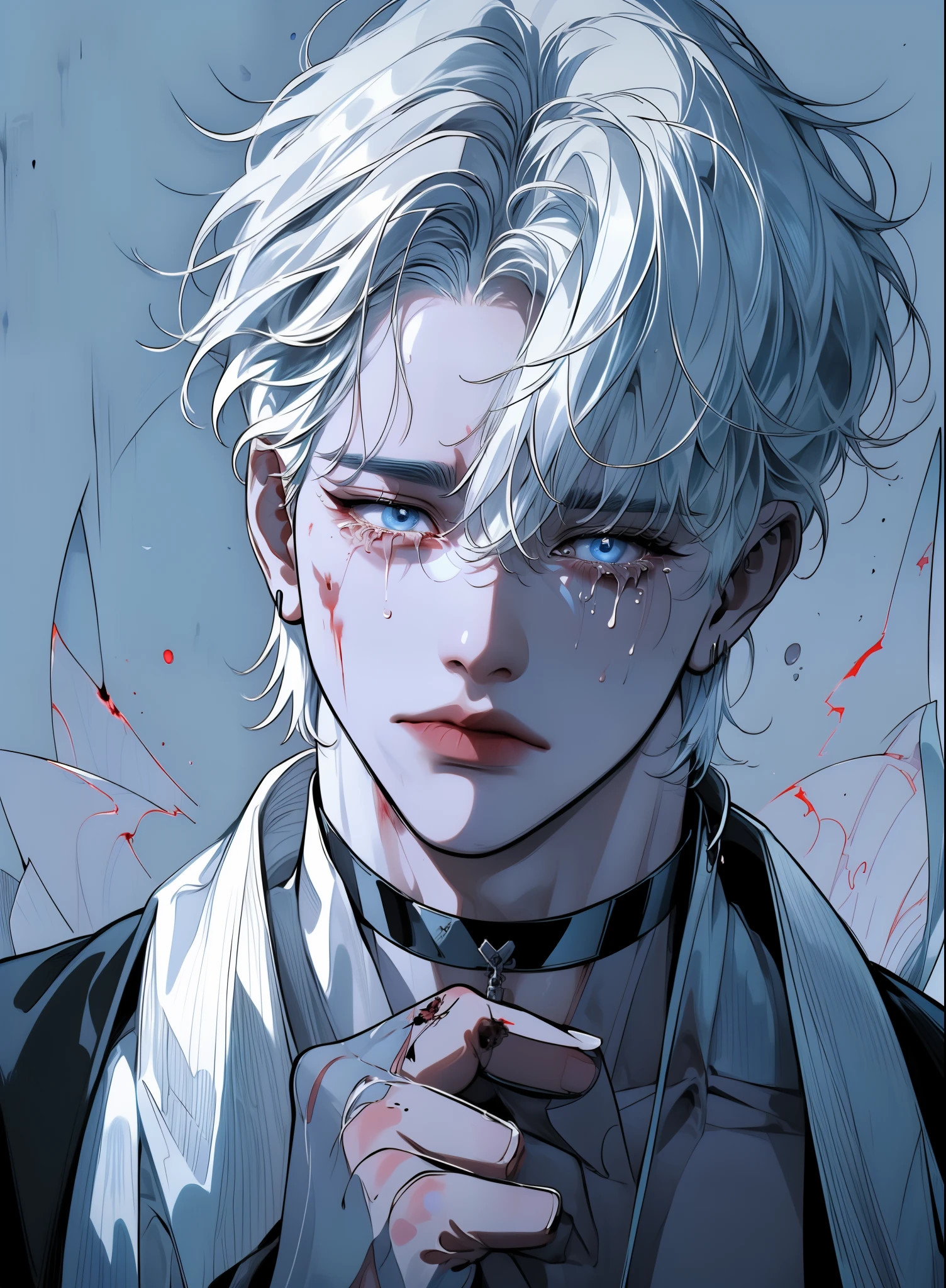 boy,  wolf cut hair style,(( white hair)),  sharp features,   white skin  , ((흰색  test subject  옷,  test subject )),   dark lab background  , ( black choker ) , ((I'm holding my neck with both hands)), (While shedding tears ),  (Blue eyes) , whole body,  as seen from above, ((Wounds )), (웃으며 While shedding tears )