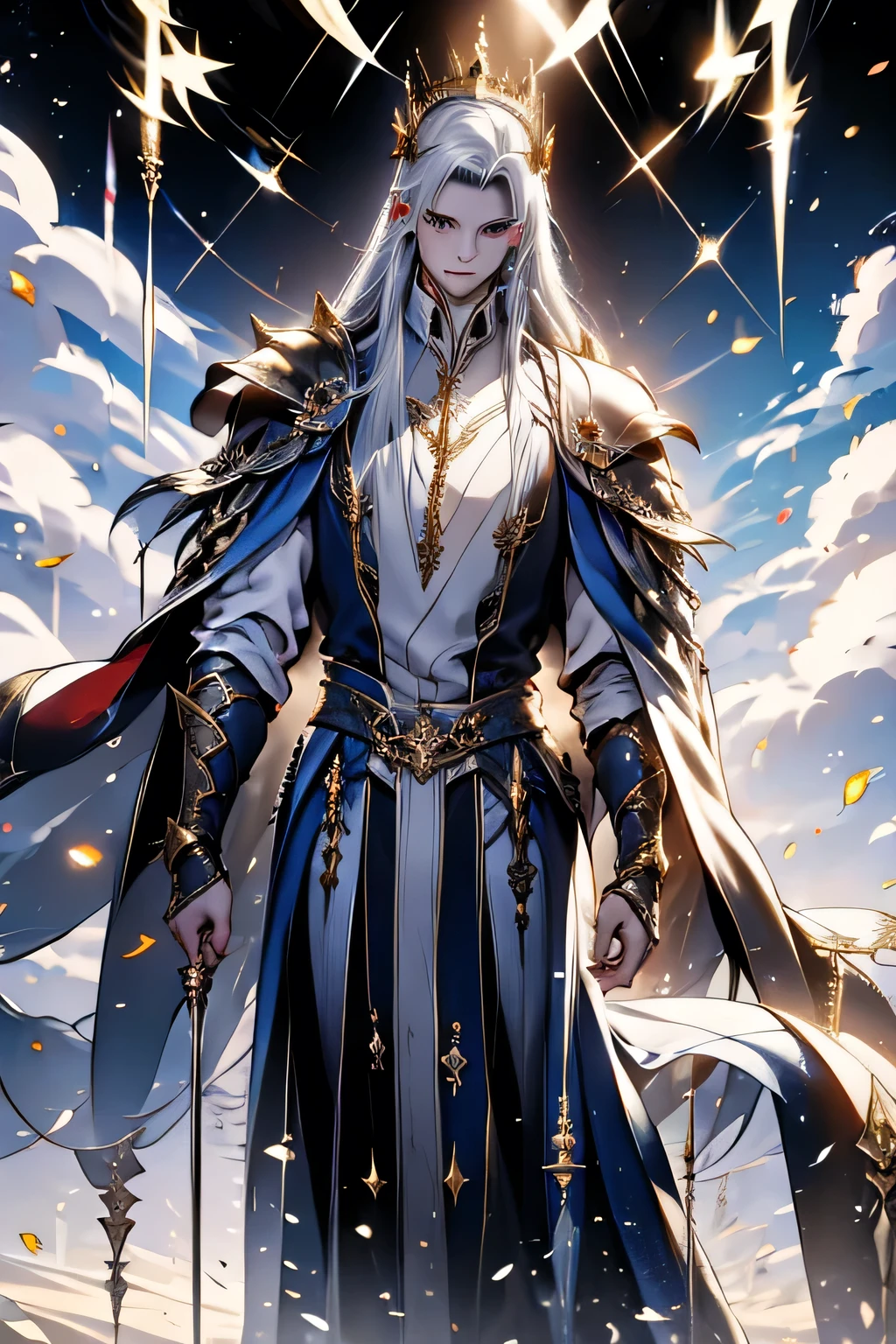 （ Top Quality ，masterpiece） full body picture， A skinny 、Pale skinned 、White hair and waist 、 gold-eyed young male ， under a golden twirling cloud ， wearing a long red cape 、 religious robe and gold metal accessories on the robe、Vine jewelry ，with a crown of thorns on his head，Holding a scepter in his right hand，Holding a book in his left hand， Calm face 