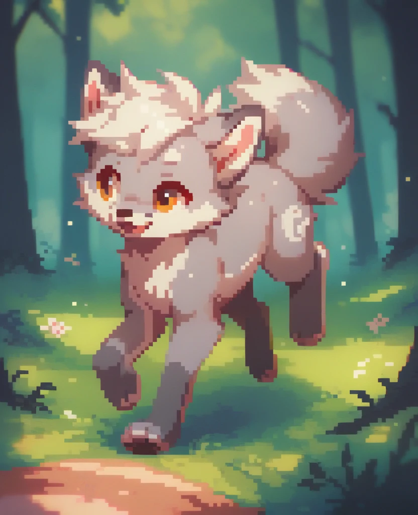 little fox, feral, gray fur, silver fur, white hair, short hair, white dress, cute fox, cub, running in all fours on the forest, night