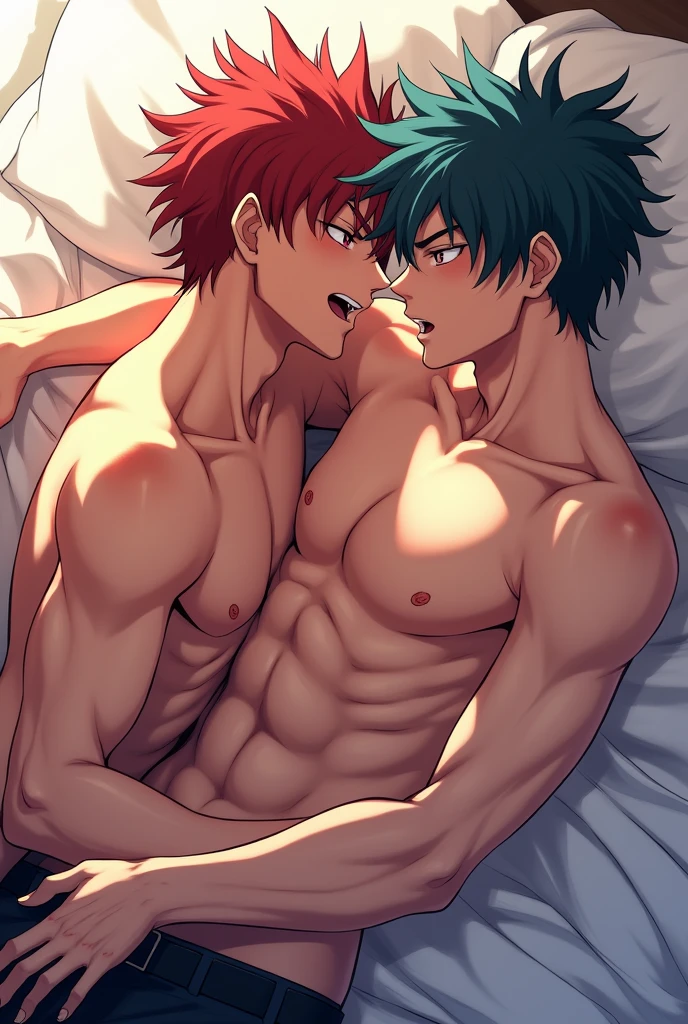 Highest quality、(muscular male:1.2)、(father:0.5)、gay、Shaved head、Blue Hair、(sweat:1.3)、steam、nipple piercing、tattoo on chest、tattoo on leg、On the bed、Two young men are having anal sex.