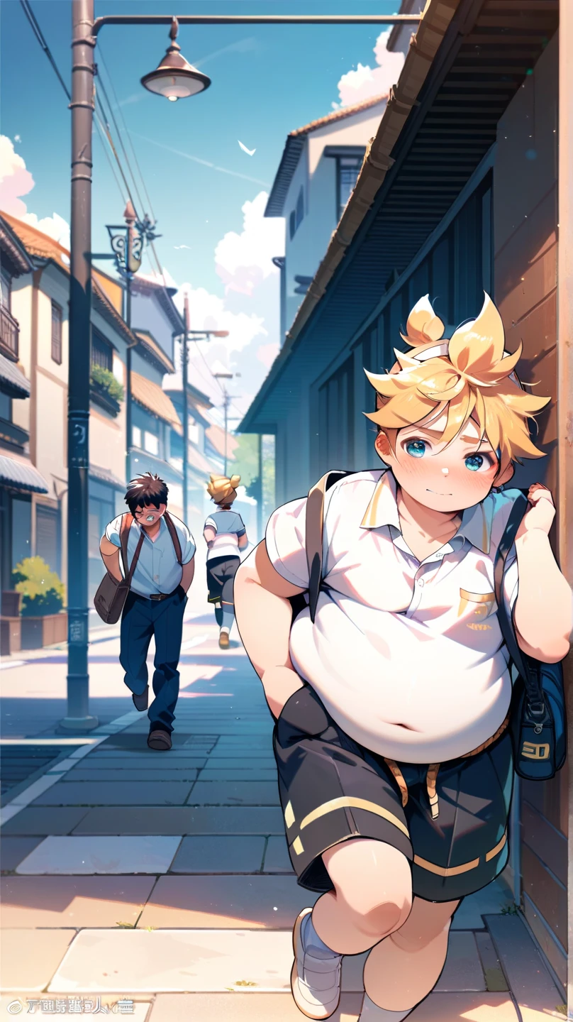 comedy anime style, one boy, (male ), Kagamine Len, obese, cute, chubby body, school uniform, chubby belly button exposed, face blushed, embarrassed, feeling tired, walking on a street