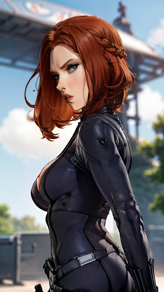 photo of woman, blackwidow, half body, bodysuit, looking at viewer, high detailed skin, trees, park, grass, 8k uhd, dslr, soft lighting, high quality, film grain,  120cm giant big DDD bust, heavy chest, seductive pose, fantasy style, extremely beautiful, goddess, female shape, perfect anatomy, braid, fantasy style, athletic body, full body, big cleavage, perfect, well detailed eyes, curly red hair, red lips,  Big breasts,ultra gigantic breasts: 1.3, Super Huge Breasts:1.3, ultra huge cleavage:1.3, Cinematic, hyper detailed, XF IQ4, 150MP, 50mm, ISO 1000 Certified, 1/250 Years, Avengers headquarters background, Adobe Lightroom, Photo.big  black widow