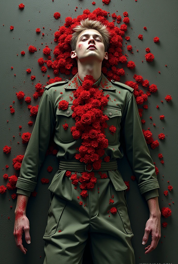 ((vintage gray dirty backdrop)), young beautiful male, ignant, (((full body view))), young smooth man, g-string, singularity, a surrealist photo, looking across the shoulder, uncentred, leaked, with a bunch of needles sticking out of his head, with many mirrors, side view, with a flower in his hand, red flesh strings, detailed conceptual photography, with wires and band, head made of carnations flower, body made out of flowers, pulling strings, with a bunch of carnations covering out of his genitals, wearing loincloth, wires, (from head to toe)